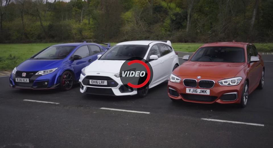 Ford Focus RS vs Honda Civic Type R vs BMW M140i – In The Wet