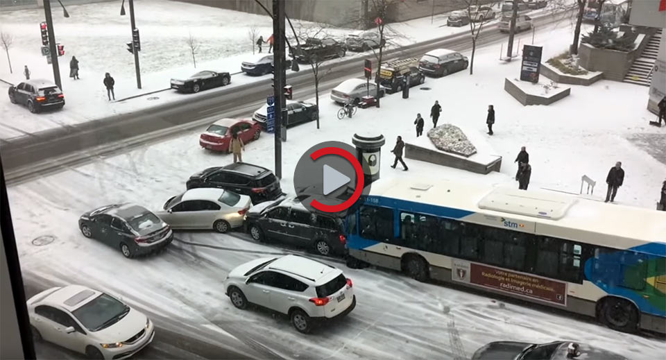  Buses, Police Car And Snow Plow Crash On Snowy Montreal Road