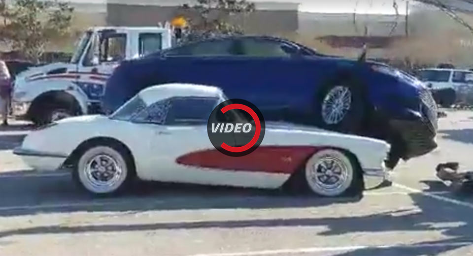 Cover Your Eyes, Ford Fusion Crashes Onto Classic 1959 Corvette