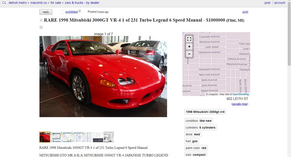 Guy Asking $1 Million For Mitsubishi 3000GT VR4 Is Craigslist’s Biggest Troll Right Now