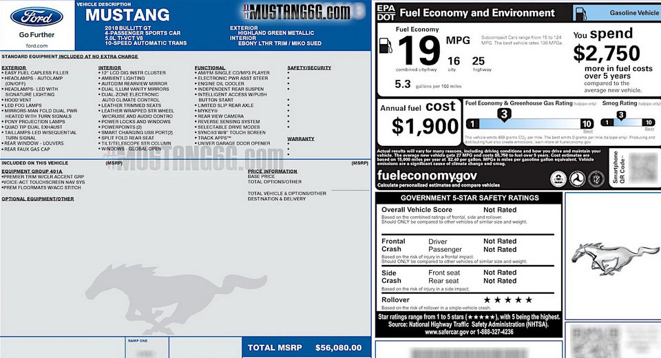 Ford Window Sticker Proves New Mustang Bullitt S550 Is Real
