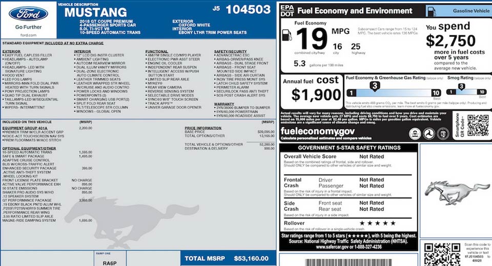  2018 Mustang GT With 10-Speed Auto Sticker Shows Improved MPG