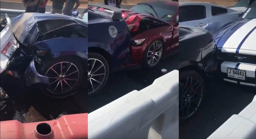 Half A Dozen Mustang Drivers Crash Into Each Other After Leaving Dubai Car Meet!