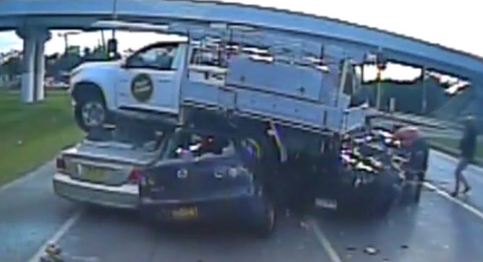 Truck Goes Airborne Landing On Multiple Vehicles, Everyone Gets Out Alive!