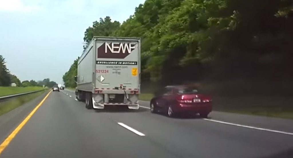 Watch Inattentive Honda Driver Slowly Pull Off Shoulder In Front Of 70mph Semi Truck