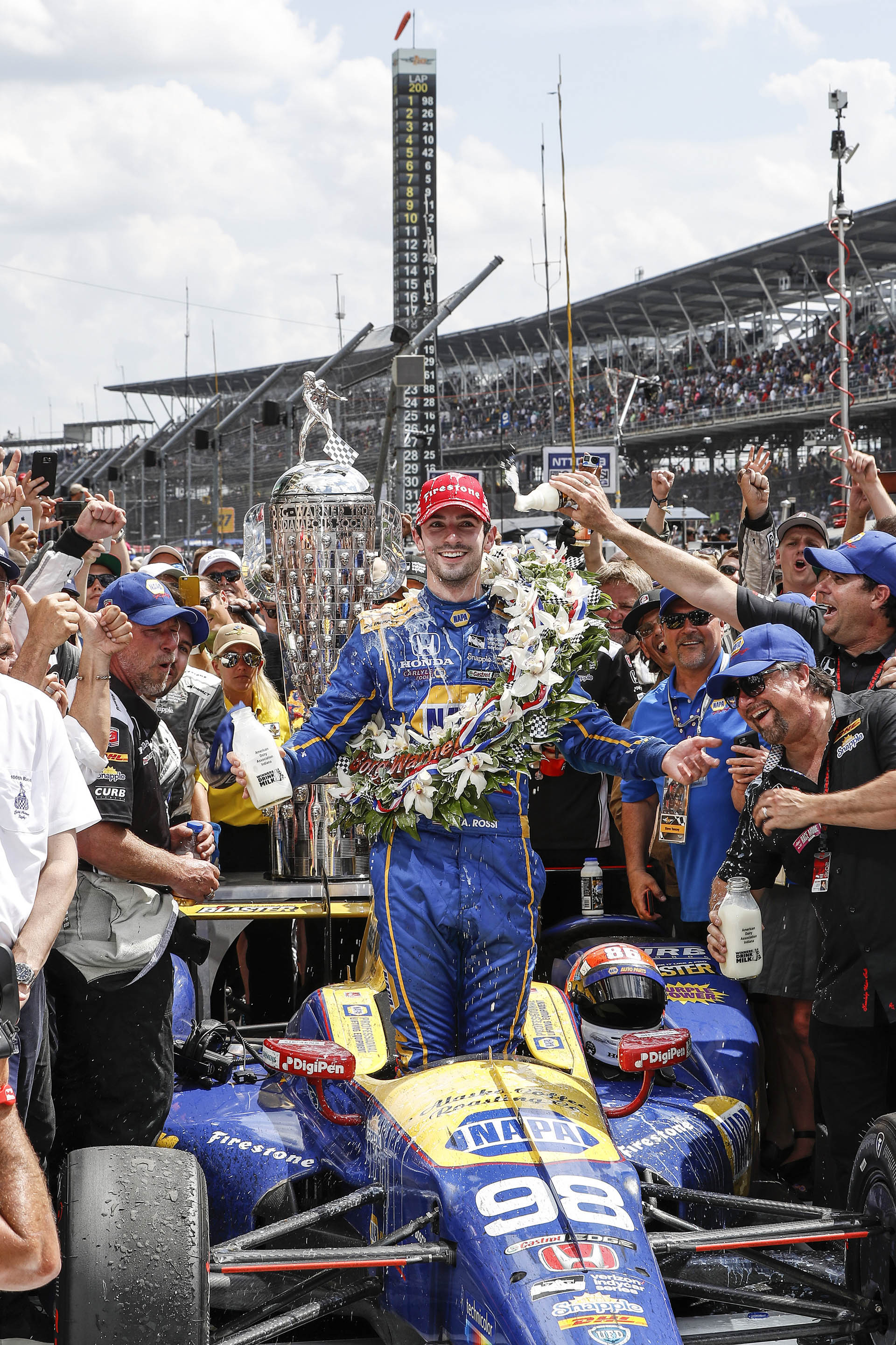 Honda's Alexander Rossi celebrates his Indianapolis 500 win in V 100th Indianapolis 500-Winning Car Looking For A New Home