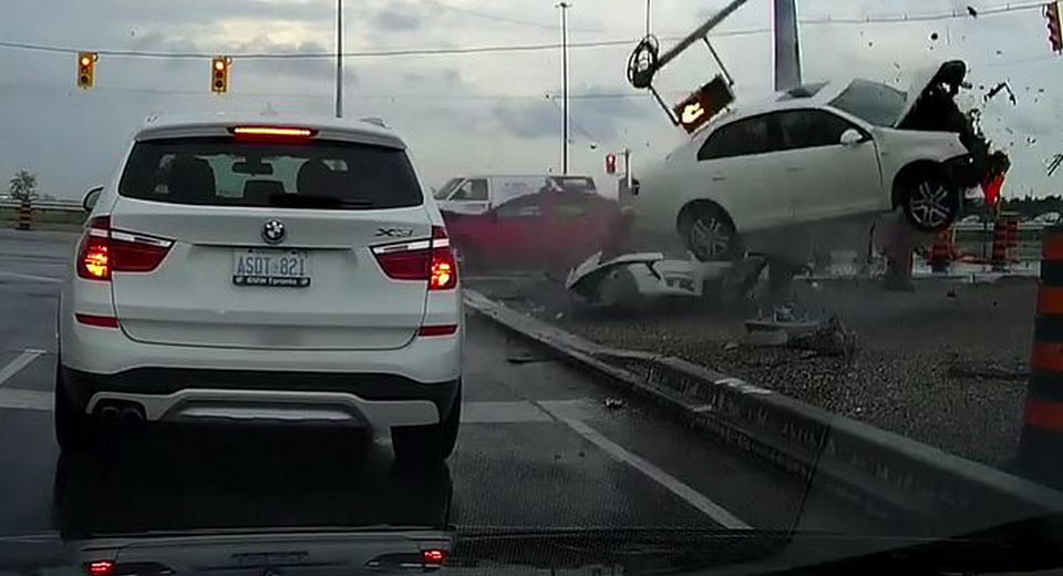 Hard Impact With A Toyota Sends VW Jetta Flying Off The Road