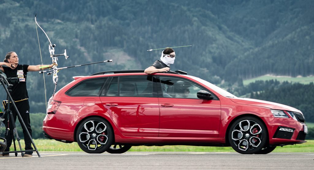 Watch A Guy Catch A Flying Arrow From The Sunroof Of A Speeding Skoda