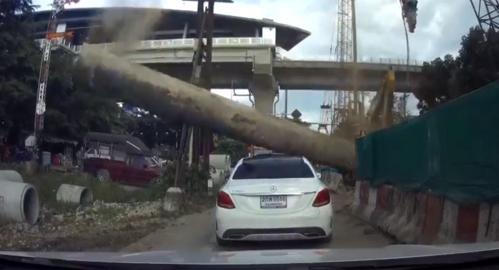  Huge Steel Pipe Crushes Mercedes C-Class, Occupants Live To Tell The Tale