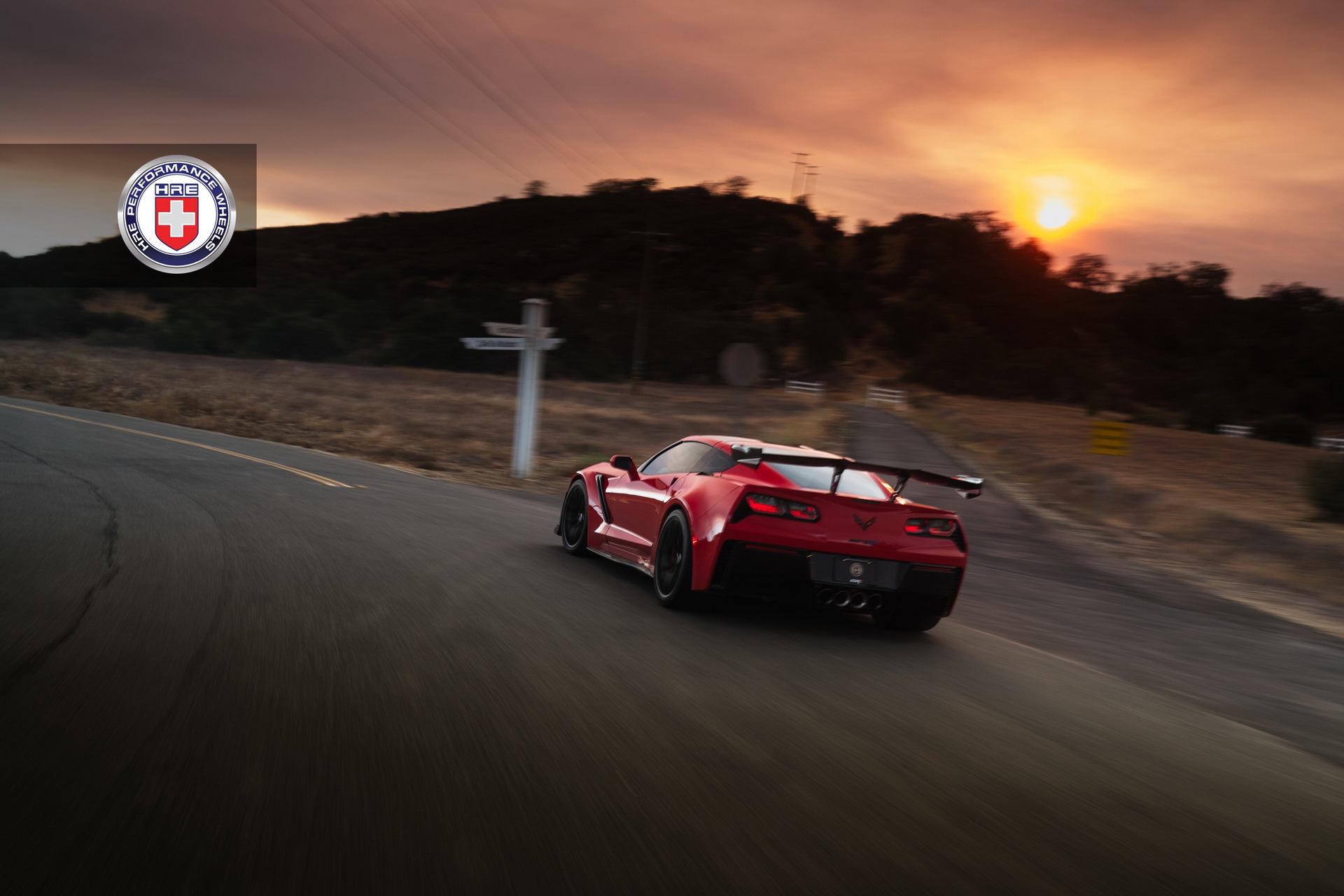 hre-corvette-zr1-red-9 Long Beach Red Corvette ZR1 Puts On Satin Black Wheels For Sunset Pose