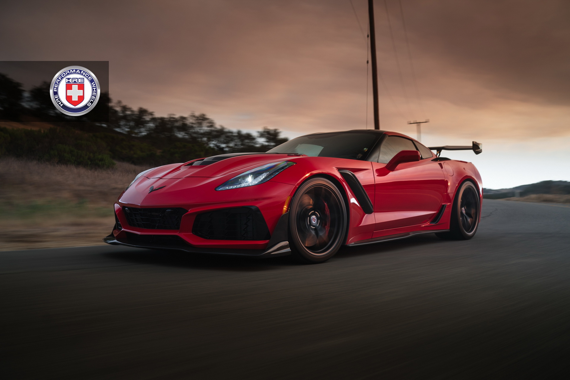 hre-corvette-zr1-red-7 Long Beach Red Corvette ZR1 Puts On Satin Black Wheels For Sunset Pose
