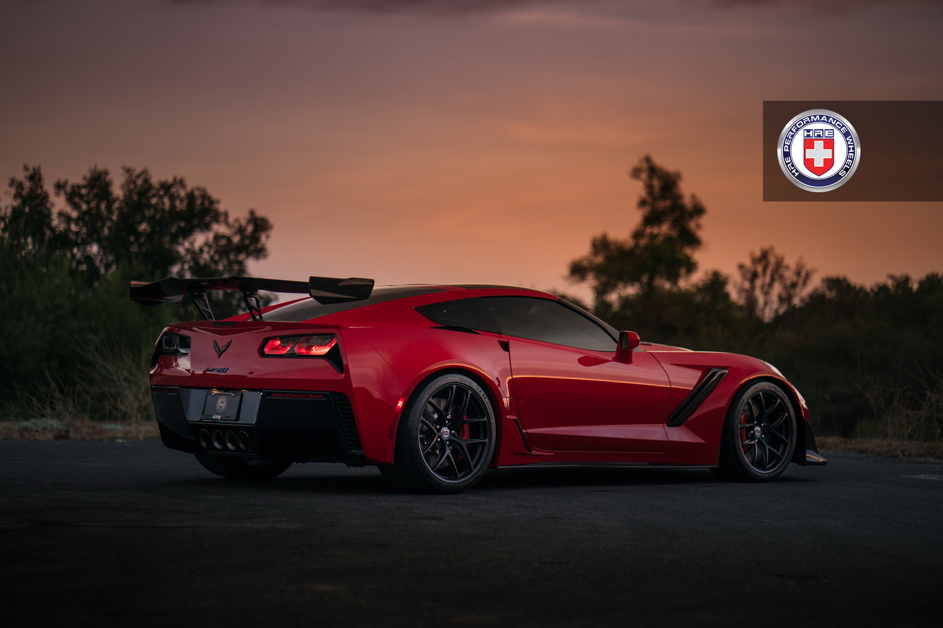 hre-corvette-zr1-red-2 Long Beach Red Corvette ZR1 Puts On Satin Black Wheels For Sunset Pose