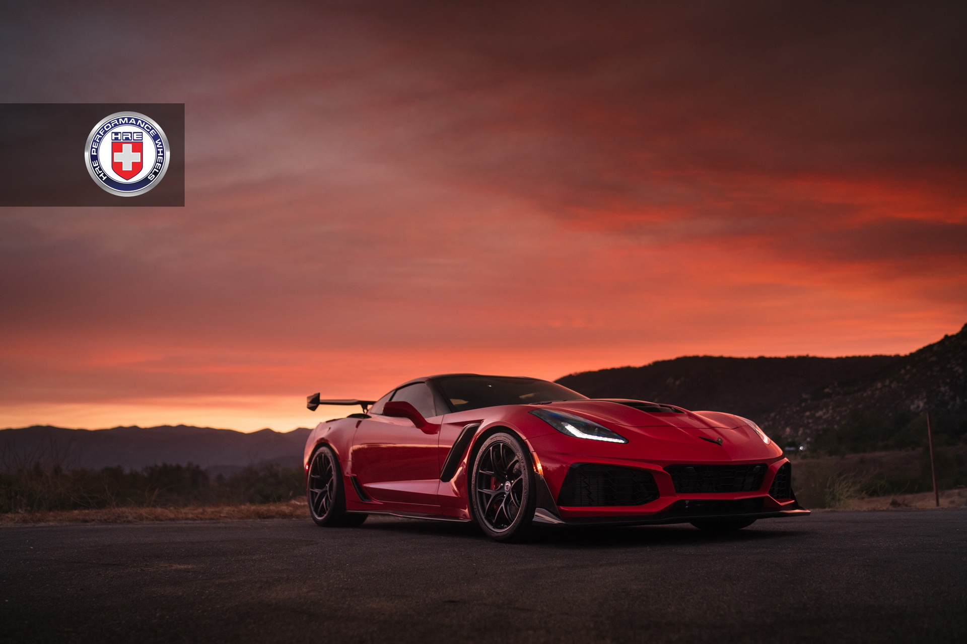 hre-corvette-zr1-red-5 Long Beach Red Corvette ZR1 Puts On Satin Black Wheels For Sunset Pose