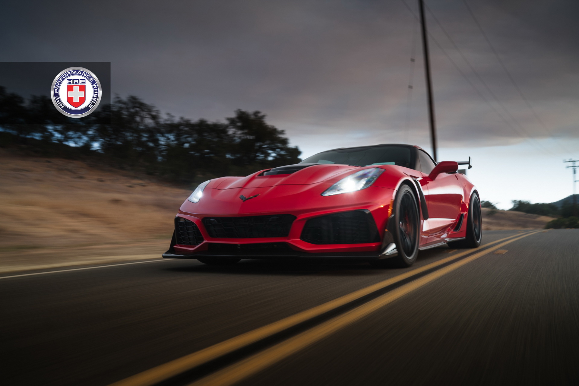 hre-corvette-zr1-red-8 Long Beach Red Corvette ZR1 Puts On Satin Black Wheels For Sunset Pose