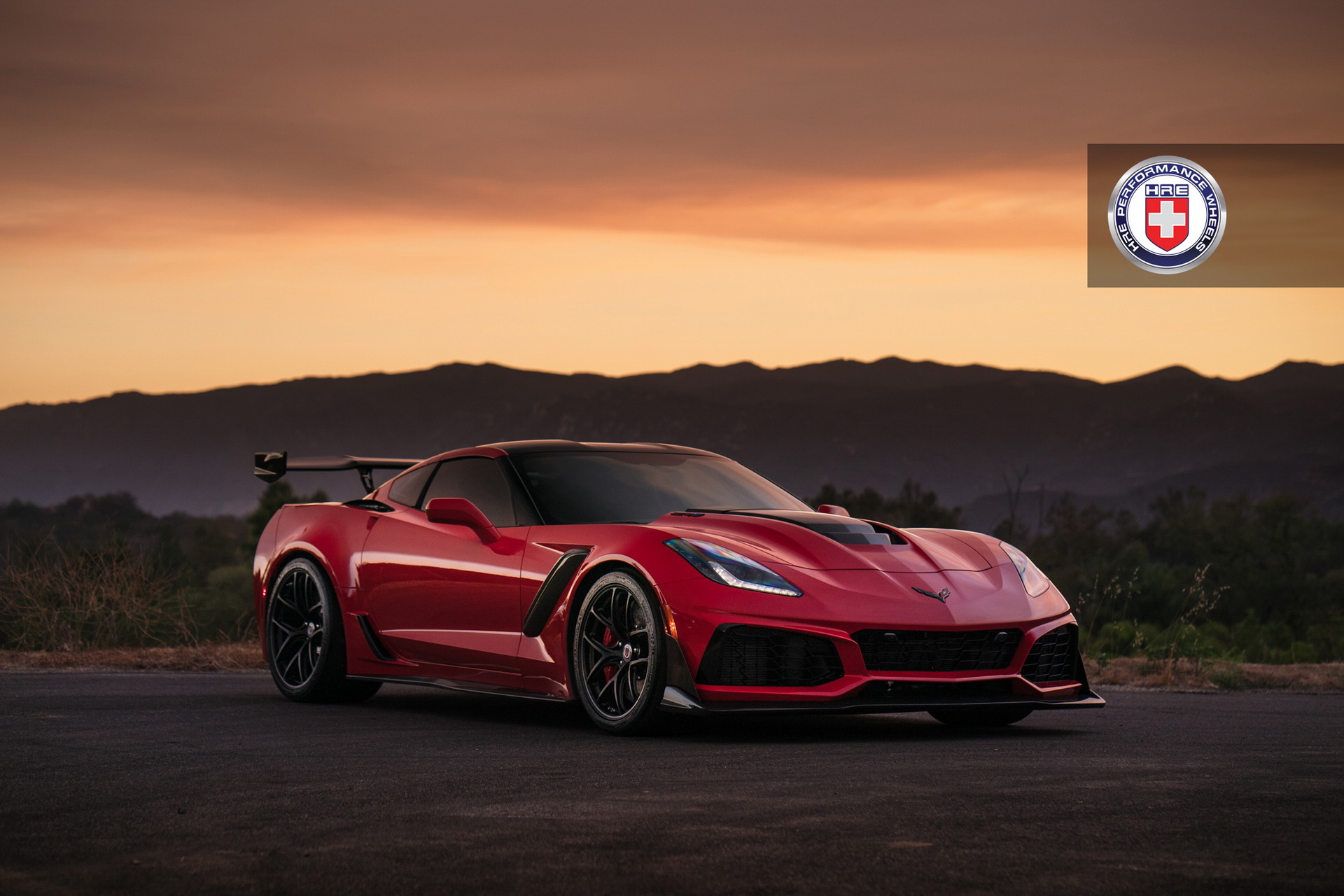 hre-corvette-zr1-red-1 Long Beach Red Corvette ZR1 Puts On Satin Black Wheels For Sunset Pose