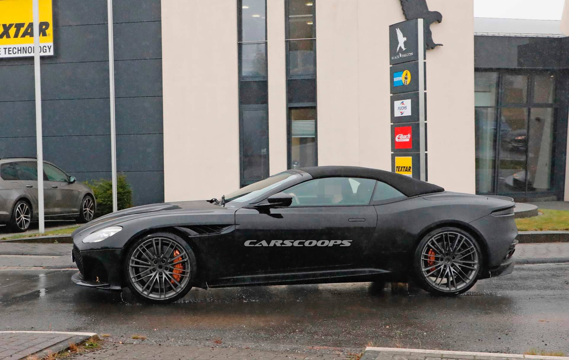 2019 Aston Martin DBS Superleggera Volante spy shots 34 Camo-Free Aston Martin DBS Superleggera Volante Reveals Its Soft Top