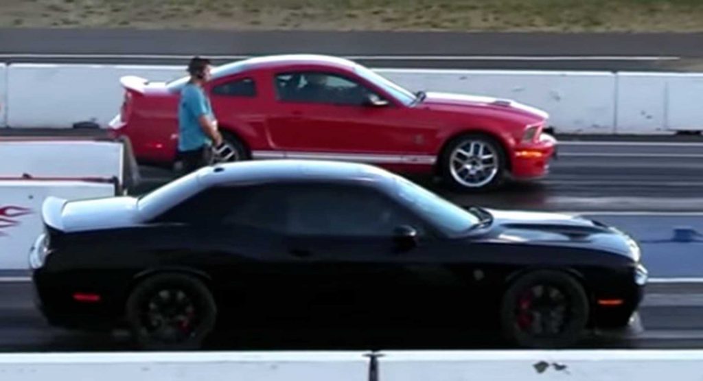 Watch A Dodge Challenger Hellcat Get Smoked By A 10 Year Old Shelby GT500