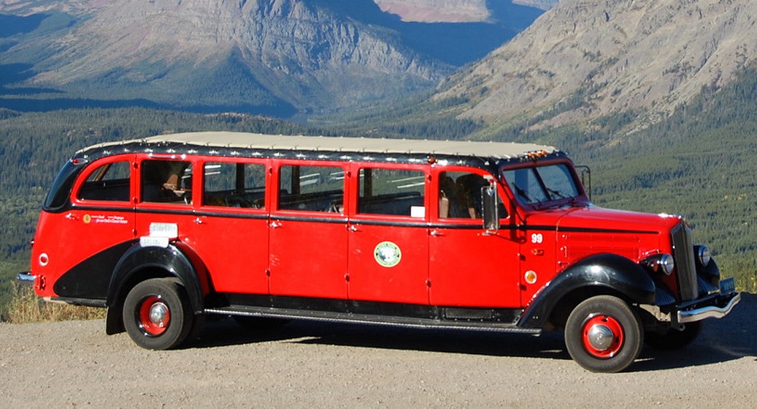 red tour bus glacier