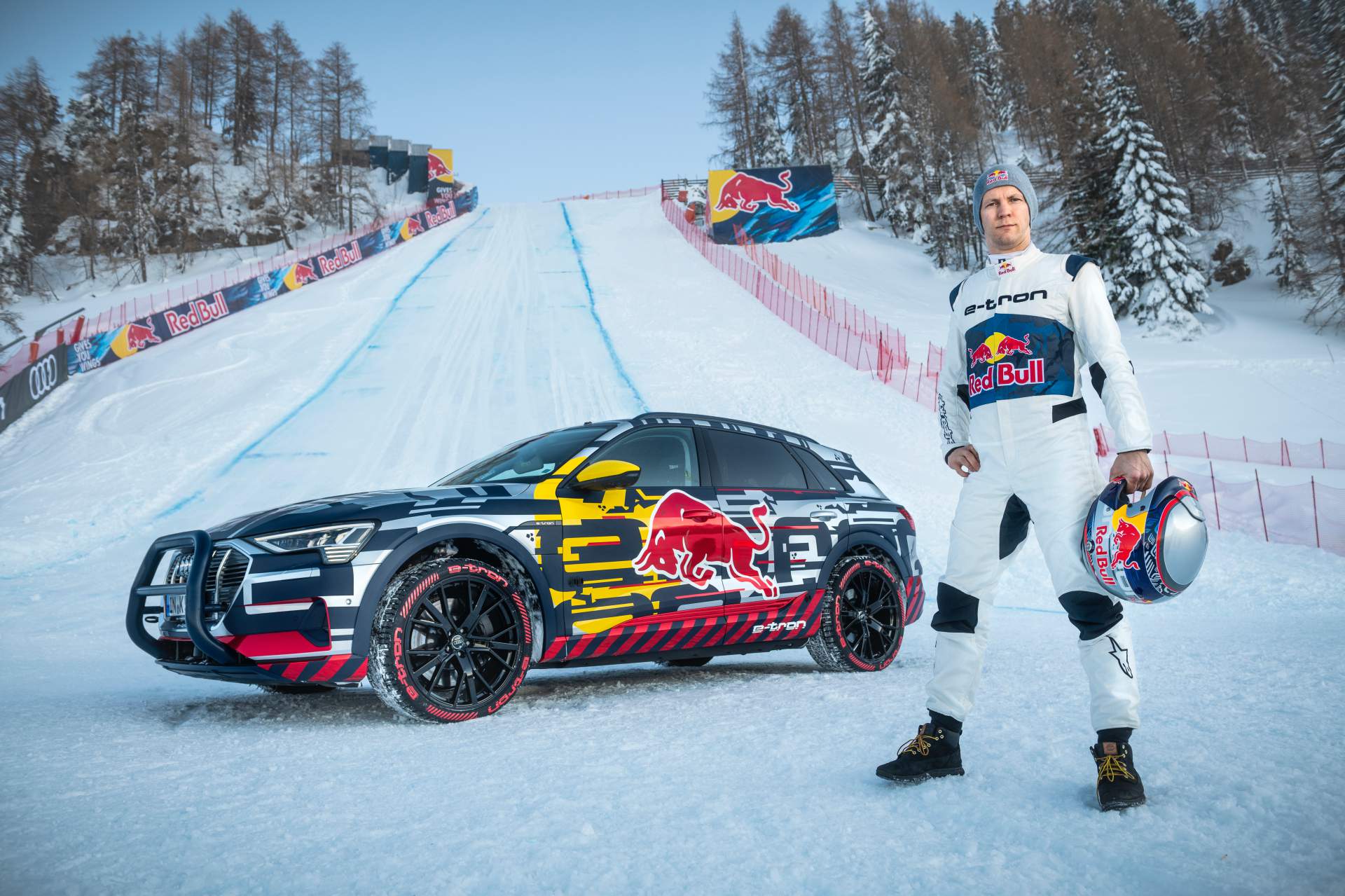 Mattias Ekstroem Audi E-Tron Conquers Steep Ski Slope Thanks To Additional Motor, Studded Tires