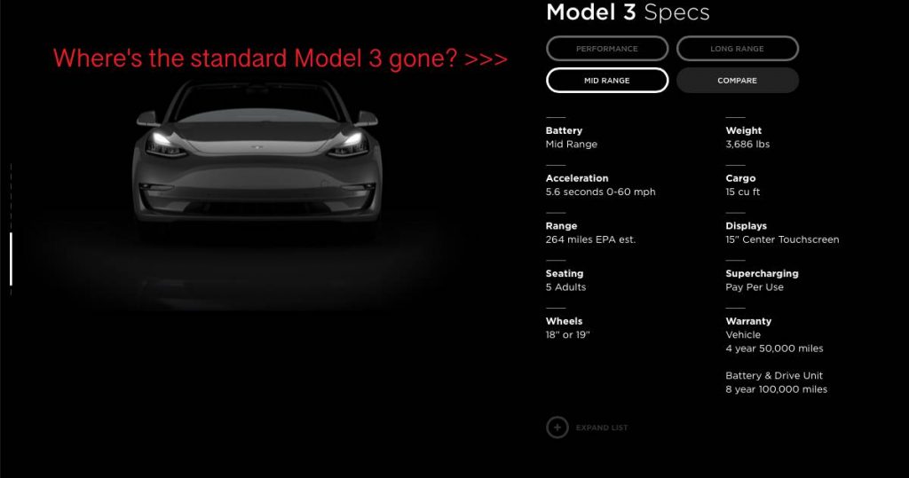  $35,000 Model 3 With Standard Battery Vanishes From Tesla’s Website