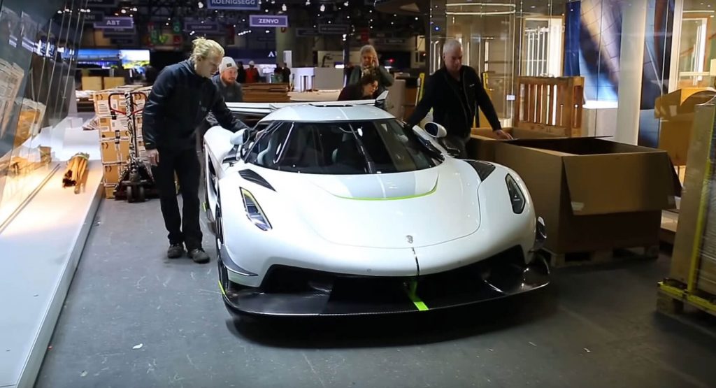 Koenigsegg Jesko Gets Pushed Out Of Palexpo Complex As It Departs Geneva