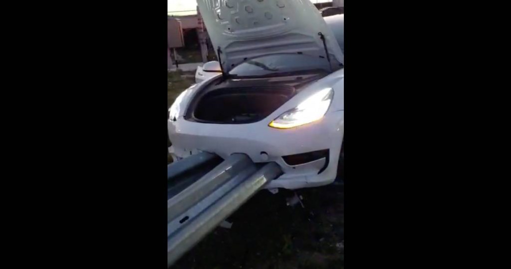Guardrail Impales Tesla Model 3, Driver Makes It Out Unhurt!