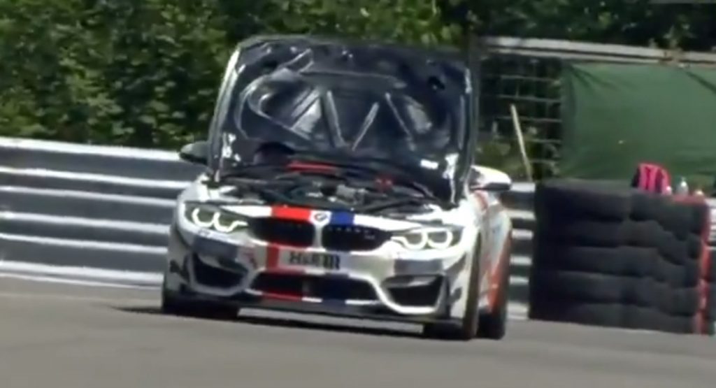  BMW M4 GT4 Slams Into Pit Wall After Being Blinded By Flying Hood