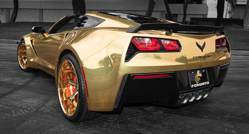  Widebody Corvette C7 With Gold Wrap And Huge Forgiato Rims Is Bling Overdose