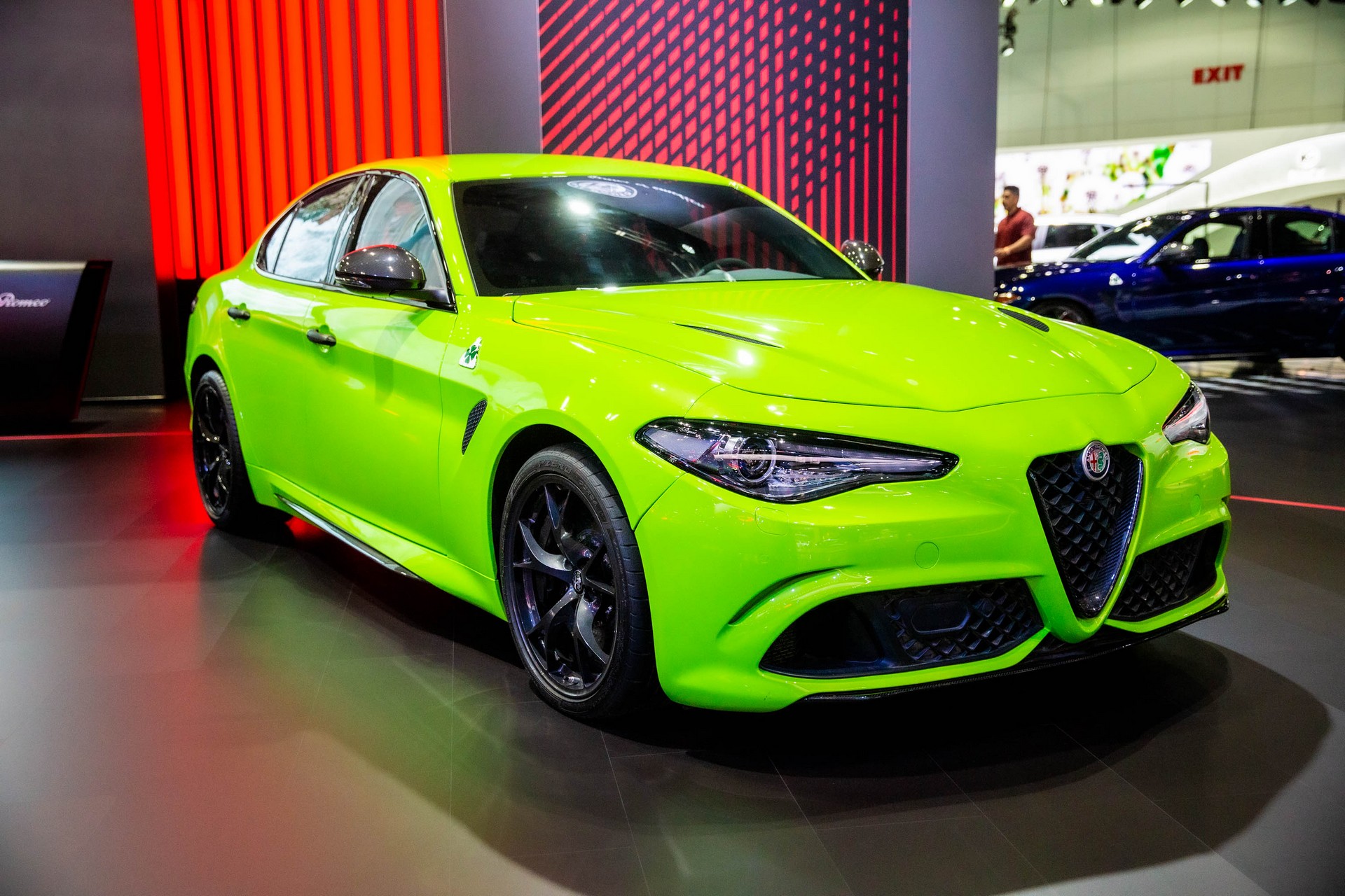 Neon Green Giulia Quadrifoglio Steals The Lime Light At Alfa S La Stand Carscoops
