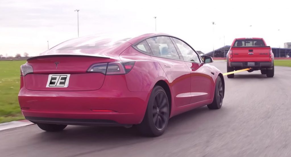 Charging A Tesla Model 3 By Towing It With A Raptor Brings Out Some Interesting Results
