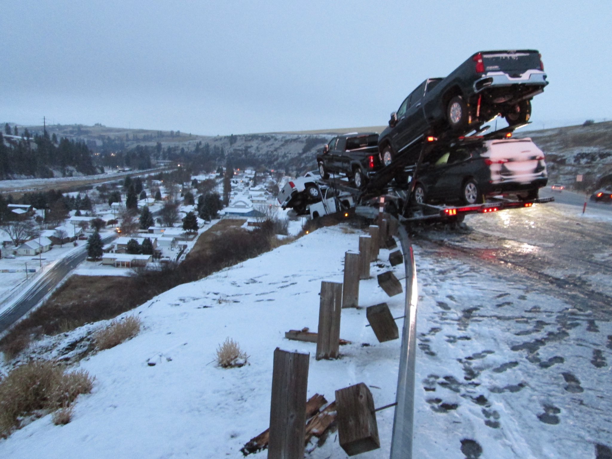 Truck Carrying Six Chevrolets Almost Slides Off Washington Cliff