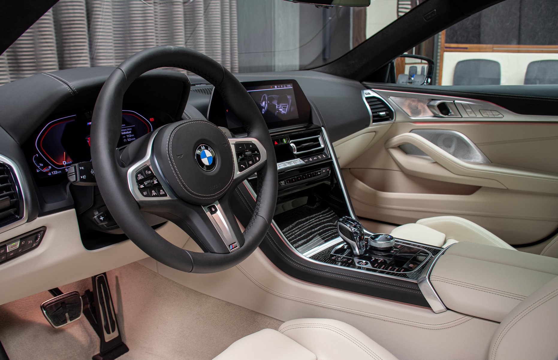 This BMW M850i Gran Coupe Boasts A Carbon Black Metallic Crust And An Ivory White Filling