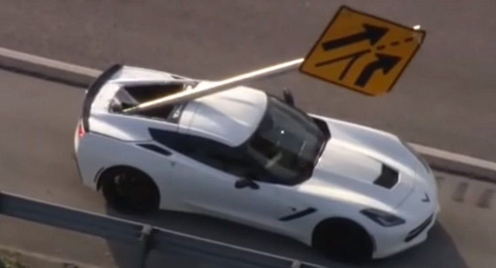  Corvette C7 Gets Impaled By Street Sign In Bizarre Multi-Car Accident