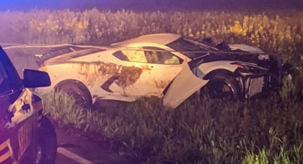 White 2020 Corvette C8 Ditched And Wrecked In Mystery Crash