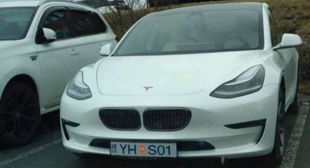  The Elusive Tesla 3-Series: Someone Apparently Grafted A BMW Grille Onto A Model 3
