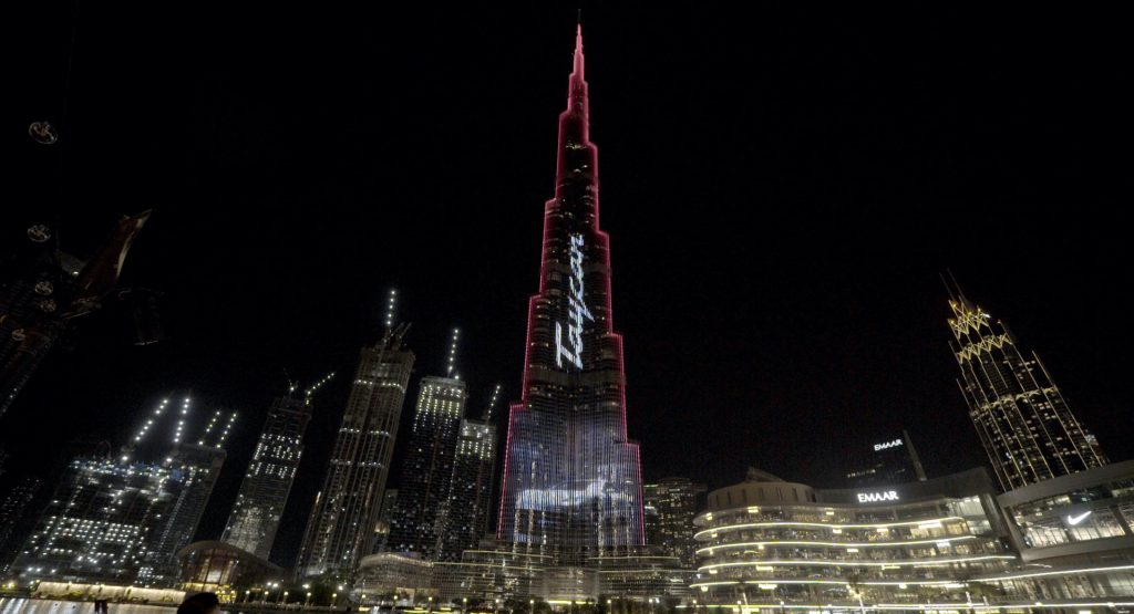  Porsche Turned The Tallest Building In The World Into A Digital Billboard For The Taycan