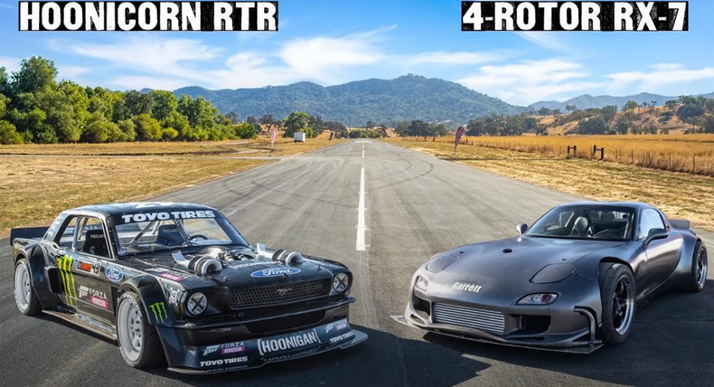 Four-Rotor Mazda RX-7 With GT-R AWD System Tries To Keep Up With Ken Block’s Hoonicorn Mustang