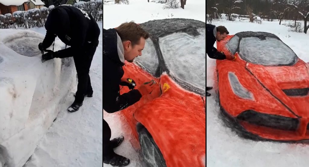  Couple Makes Life-Size Ferrari LaFerrari Out Of Snow