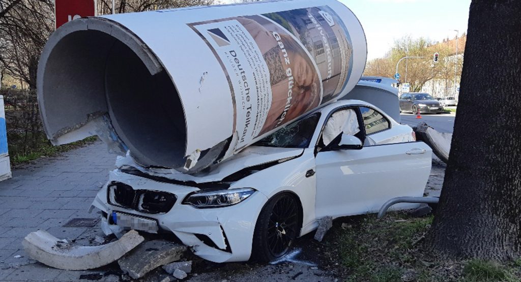 BMW M2 Pulls A Red Bull Mini Impersonation After Knocking Down Concrete Ad Column