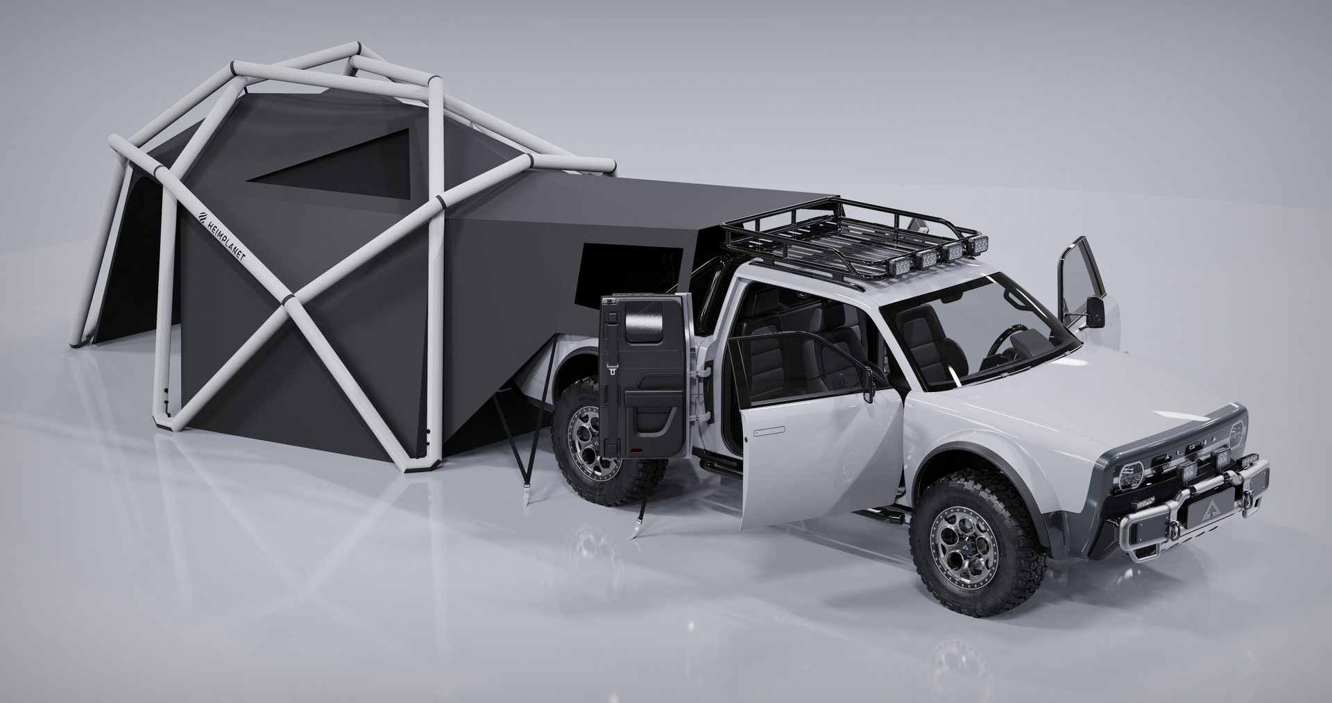 AMC Wolf+ Electric Pickup Won’t Come Until 2023, But It’s Got A Geodesic Tent
