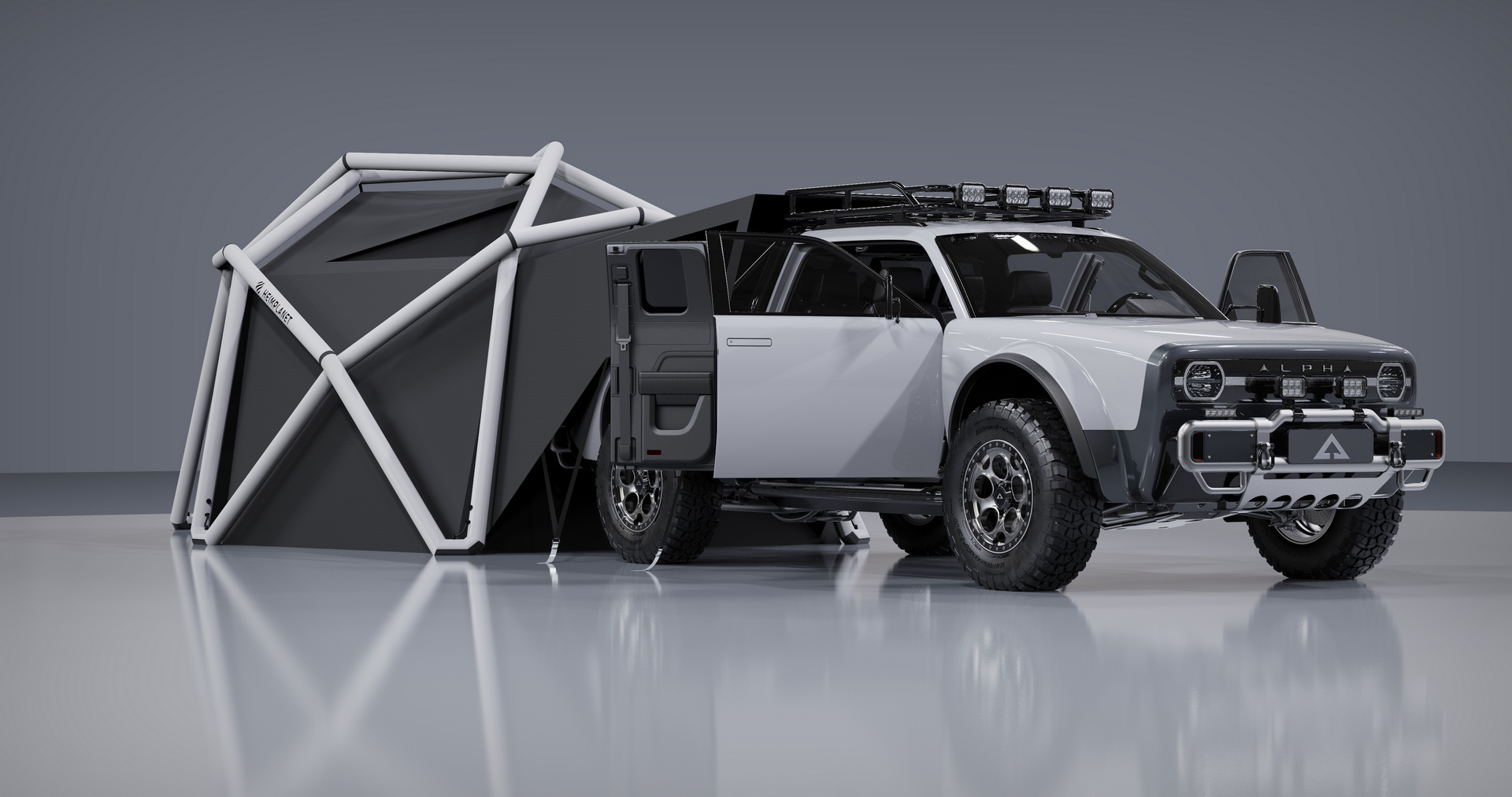 AMC Wolf+ Electric Pickup Won’t Come Until 2023, But It’s Got A Geodesic Tent