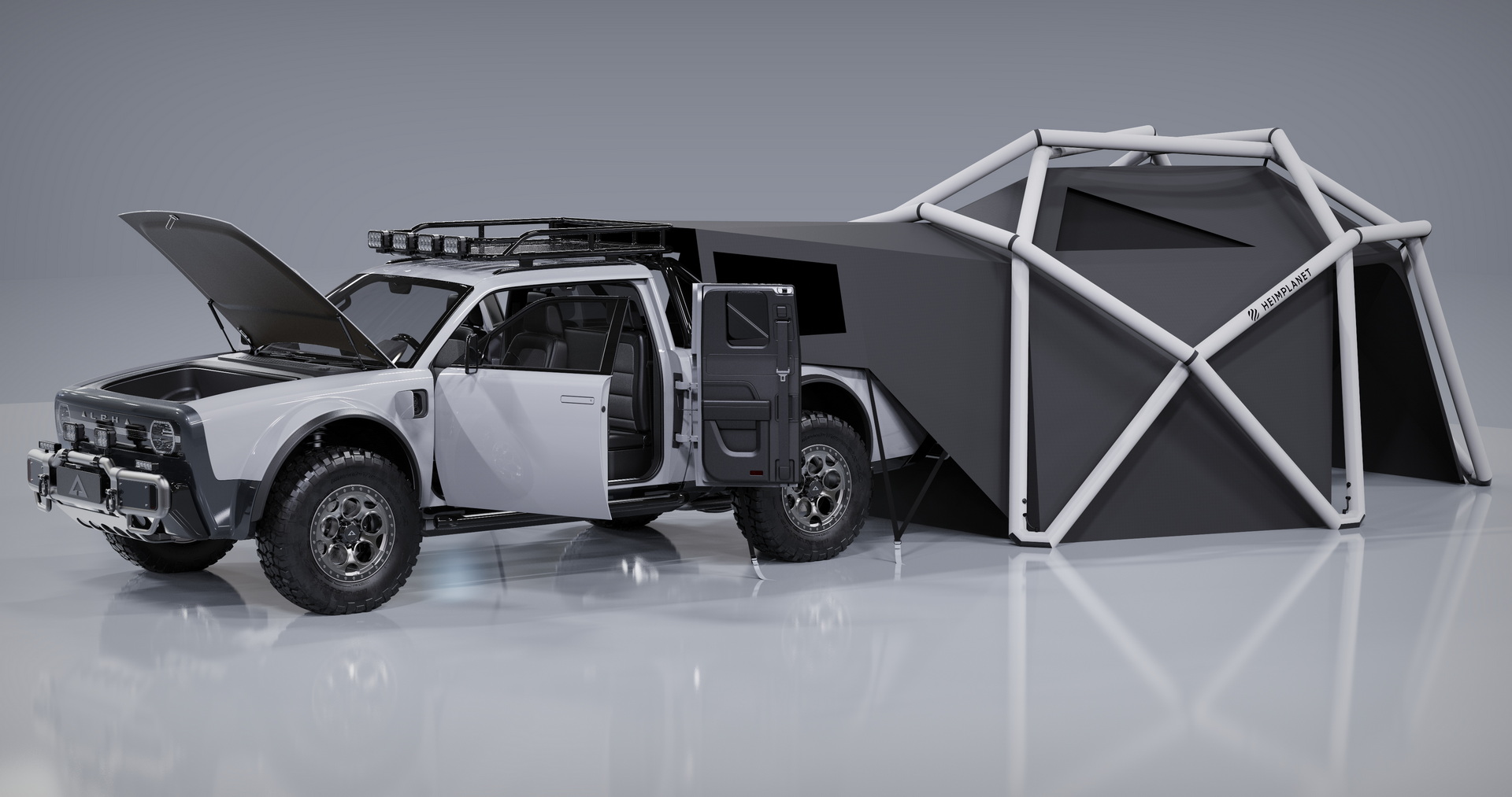 AMC Wolf+ Electric Pickup Won’t Come Until 2023, But It’s Got A Geodesic Tent