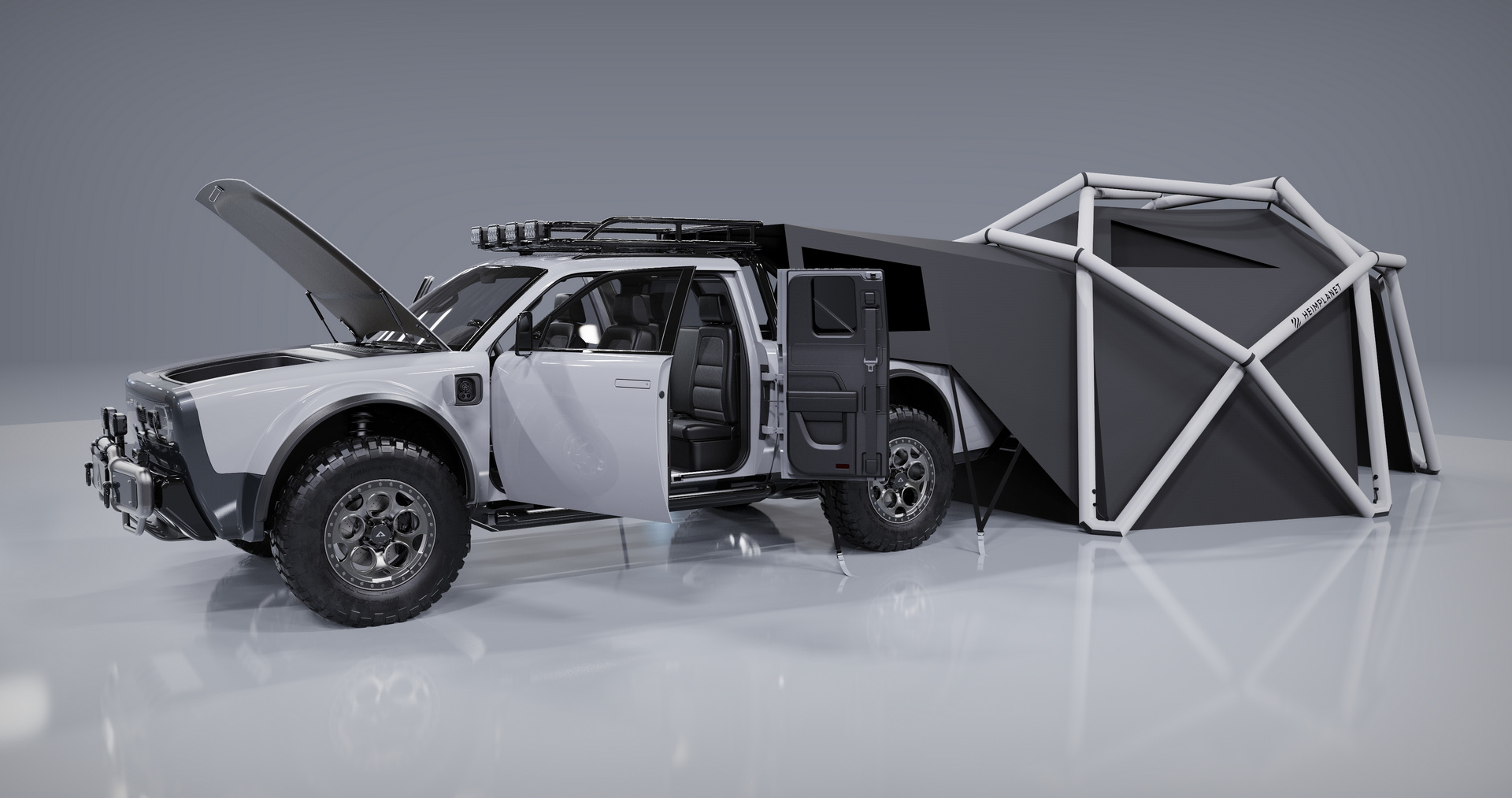 AMC Wolf+ Electric Pickup Won’t Come Until 2023, But It’s Got A Geodesic Tent