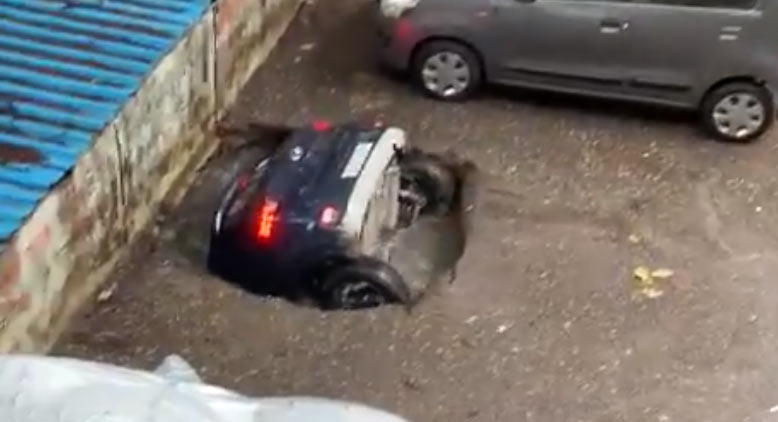 Concrete Gives Way, Sinkhole Swallows A Hyundai Venue In India