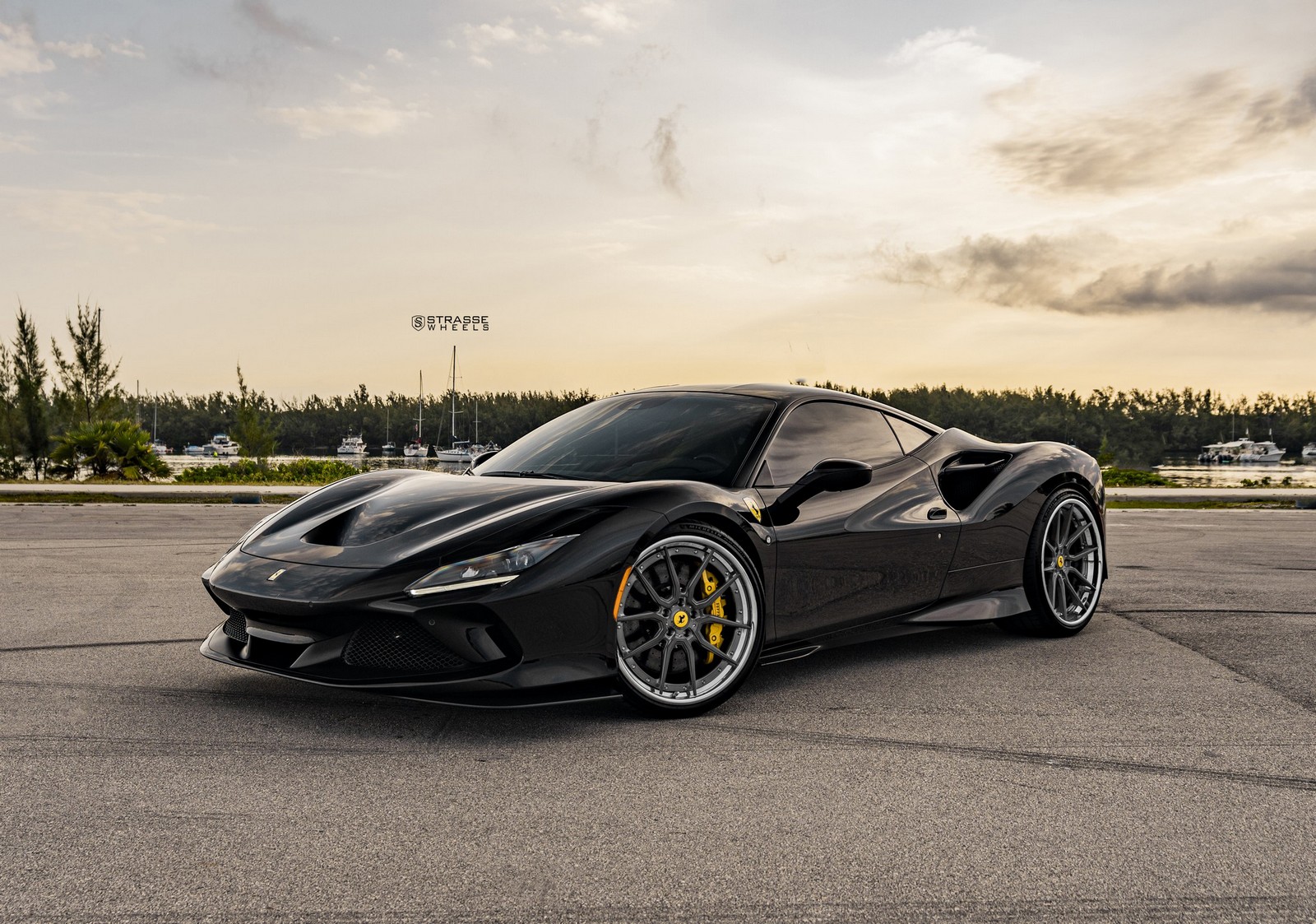 Pitch Black Ferrari F8 Tributo Looks Good With Dark Multi-Spoke Aftermarket Wheels
