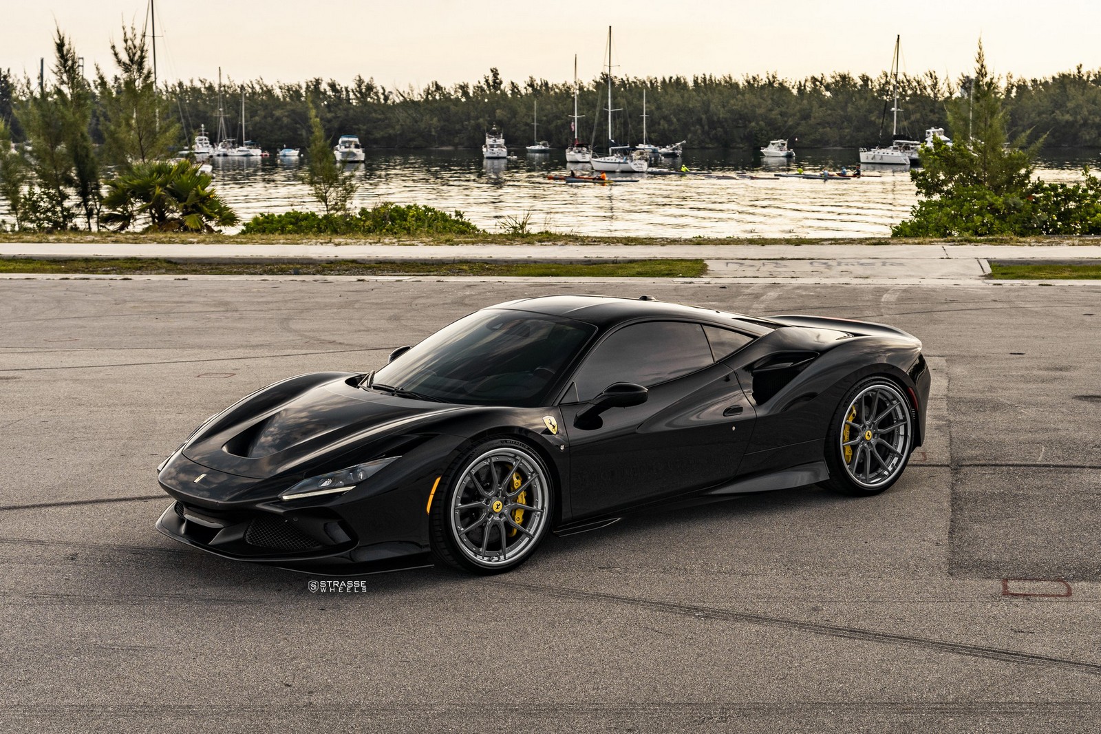 Pitch Black Ferrari F8 Tributo Looks Good With Dark Multi-Spoke Aftermarket Wheels