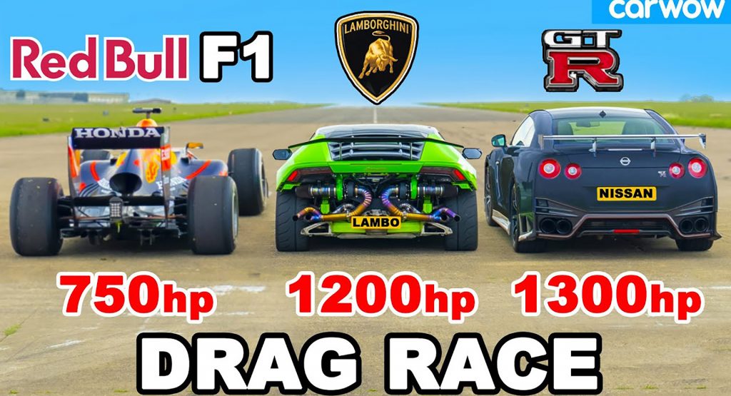  1200 HP Lamborghini Huracan Vs. 1300 HP Nissan GT-R Nismo Vs. Red Bull F1 Car Is A Race For The Ages