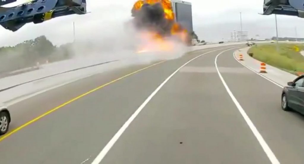  Fuel Tanker Hits Concrete Median, Starts Enormous Fire In Troy, Michigan