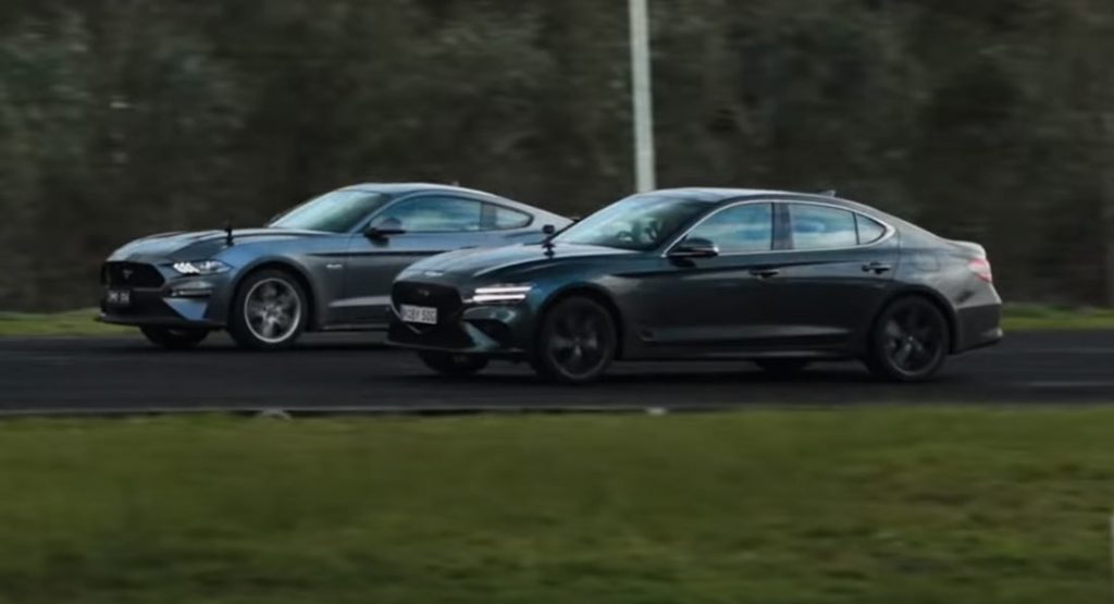  A Genesis G70 And A Ford Mustang Are Very Well-Matched In A Straight-Line