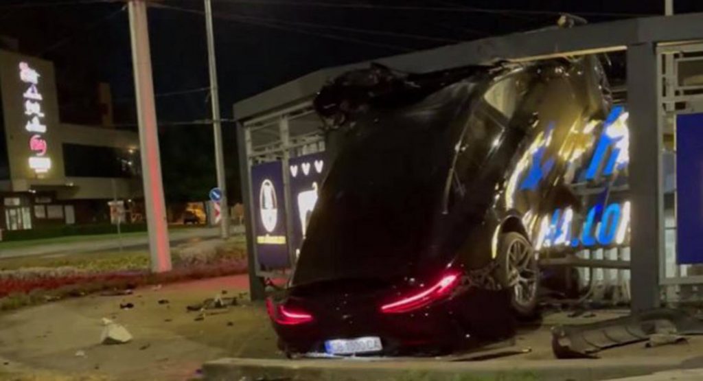 A Mustang Dressed As A Mercedes-AMG GT Crashed Through A Bus Stop